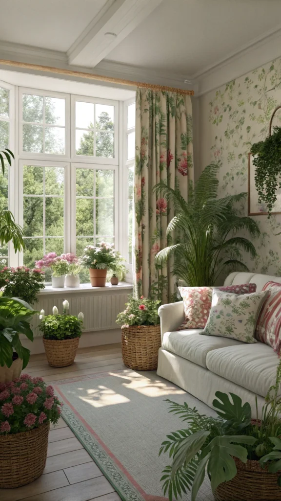 A cozy living room featuring plants and floral patterns, embodying English garden elements.