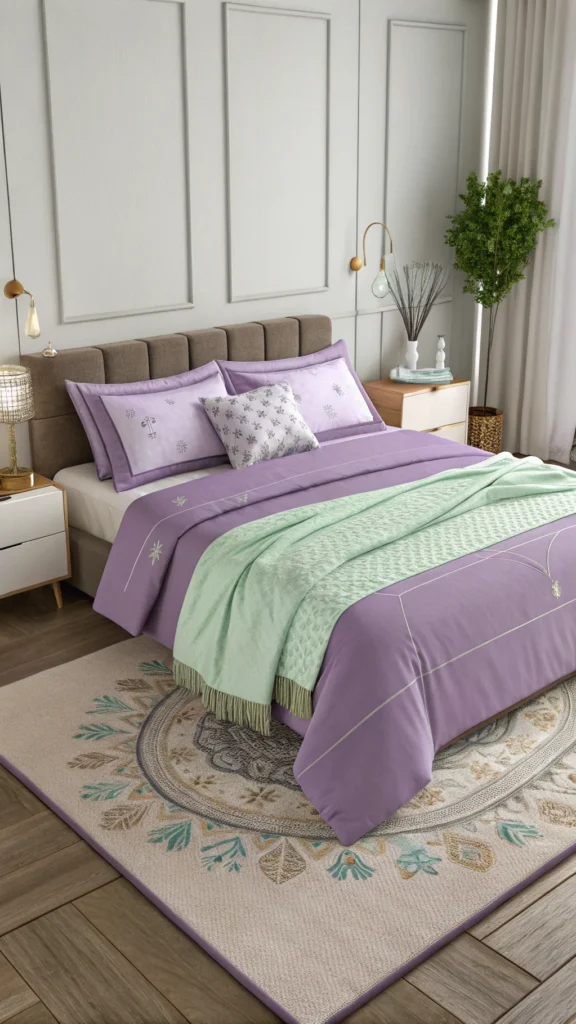 A stylish purple bedding set with various pillows, a light green throw blanket, and a decorative rug.