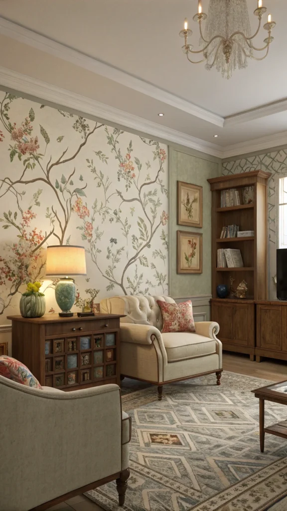 A cozy living room featuring artistic wallpaper with floral patterns and classic furniture.