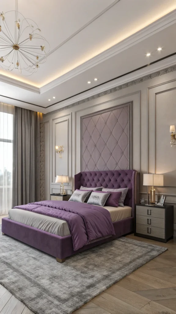 Elegant bedroom with purple bedding and grey nightstands.