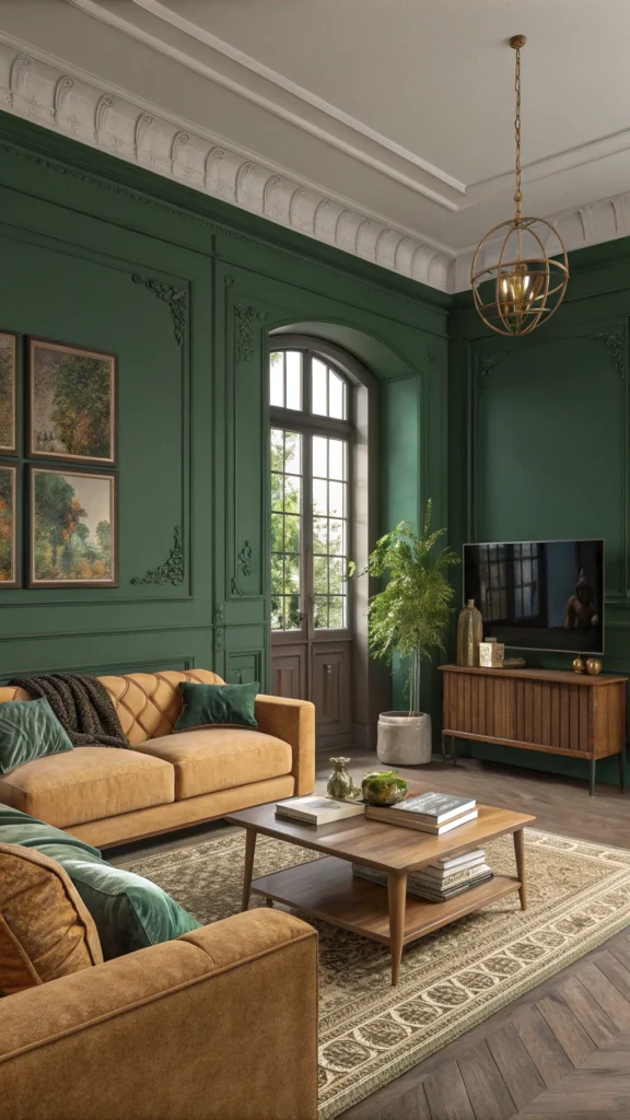 A stylish living room featuring deep green walls, warm neutral furniture, and cozy decor.