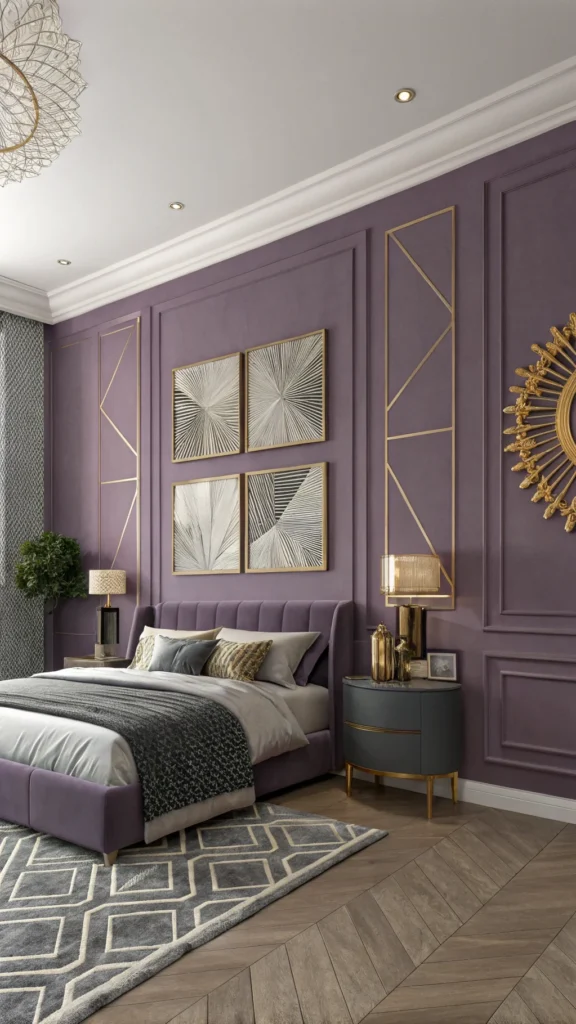 Purple wall art in a stylish bedroom with grey and gold accents.