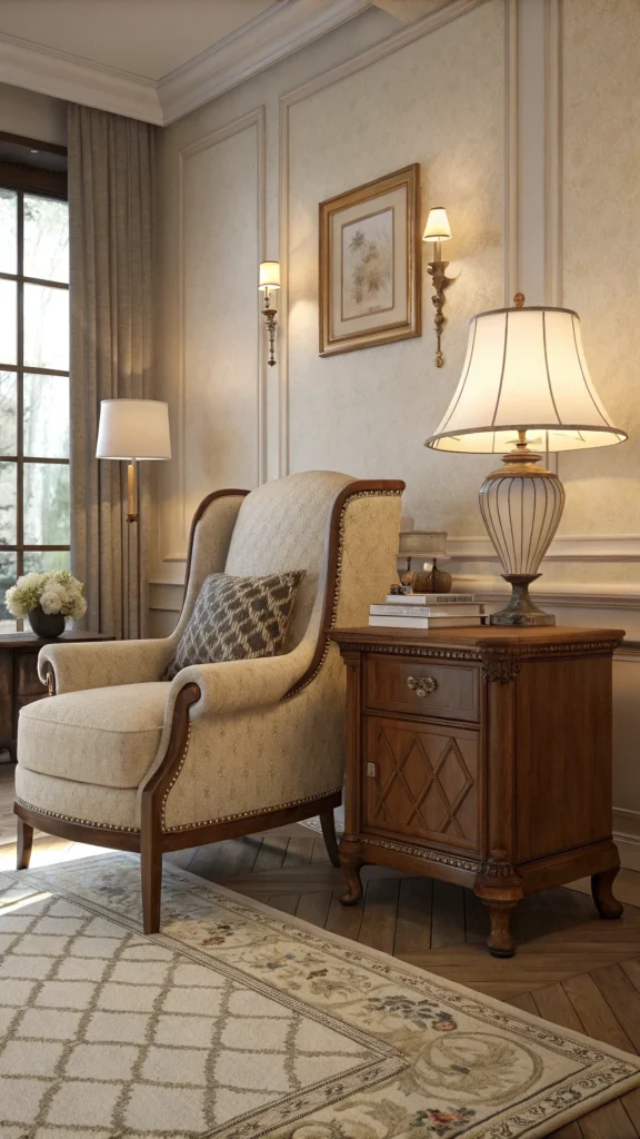 A cozy living room nook featuring classic furniture with an armchair, side table, and warm lighting.