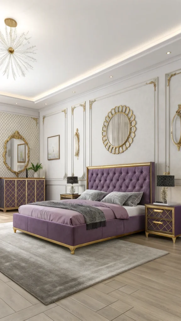 A bedroom featuring purple accent furniture with gold and grey accents