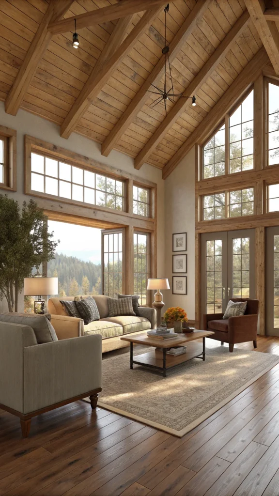 A modern living room with high wooden ceilings, large windows, and a cozy arrangement of furniture.