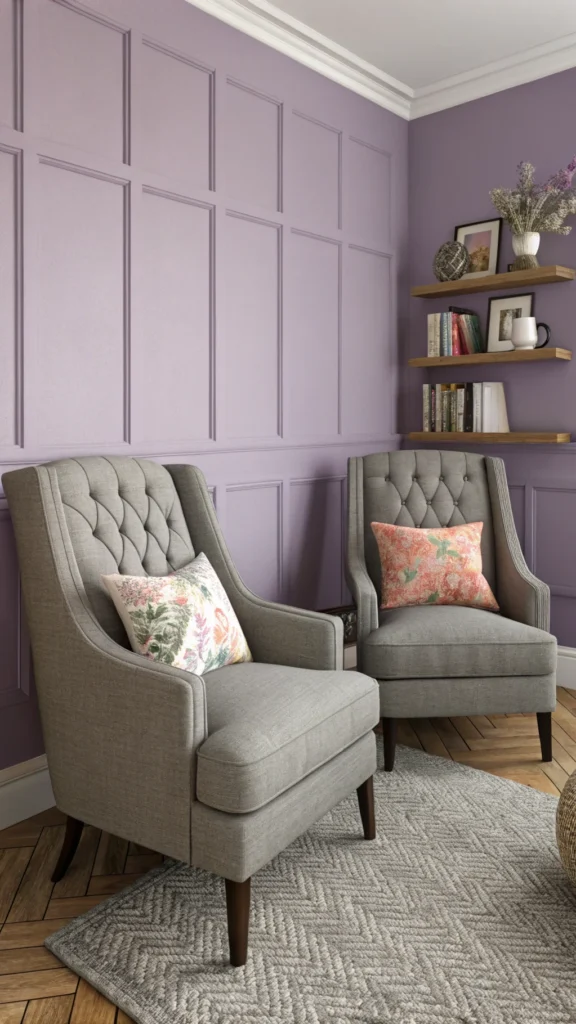 Two grey accent chairs with pillows in a purple bedroom corner