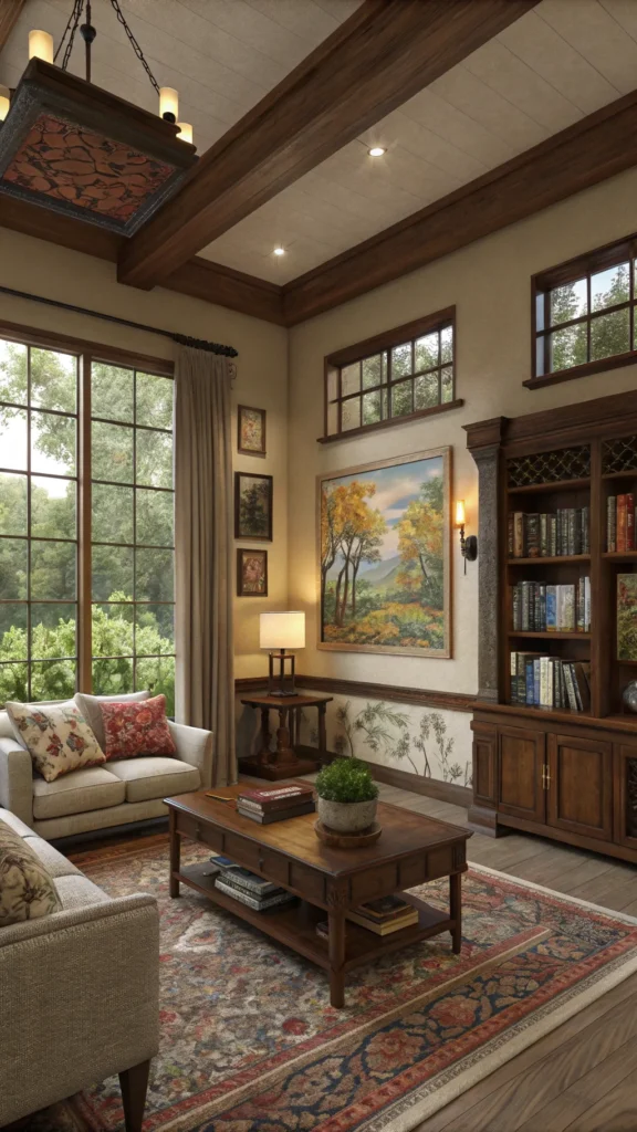 A cozy living room featuring a mix of traditional decor and contemporary art.