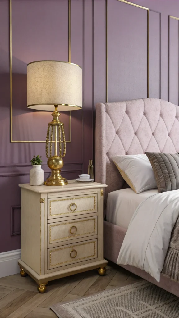 A cozy bedroom with a gold bedside lamp beside a bed, featuring purple walls and soft bedding.