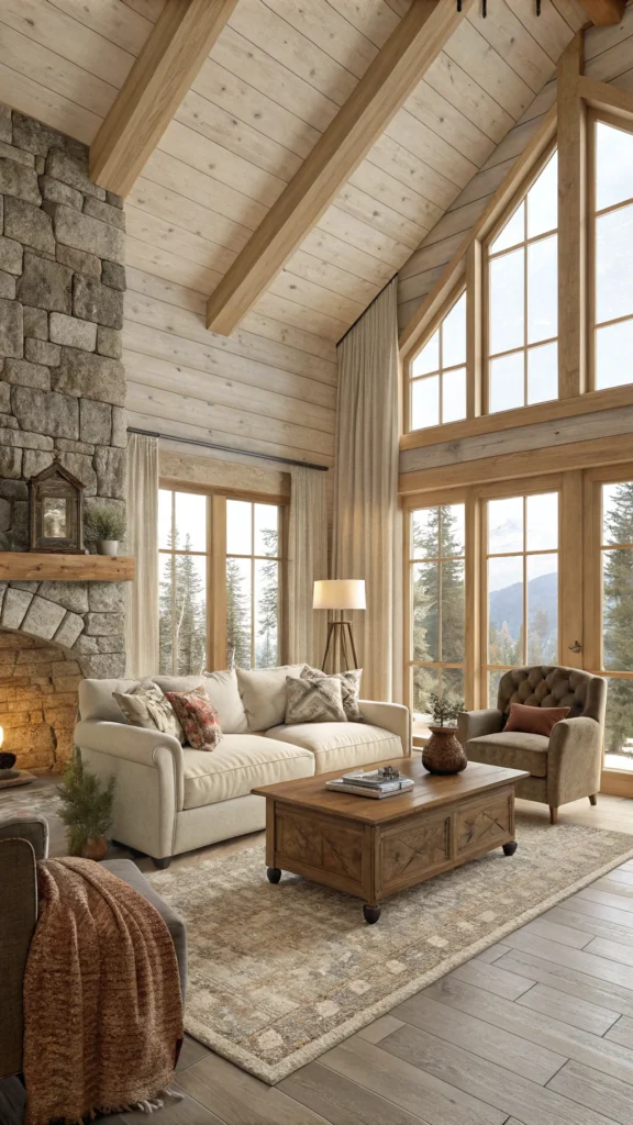 A cozy living room featuring natural materials with a soft color palette.