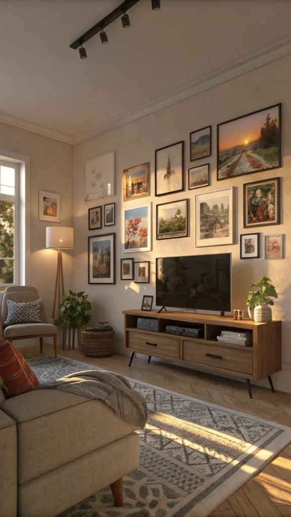 A cozy living room with a gallery wall of family photos and artwork.