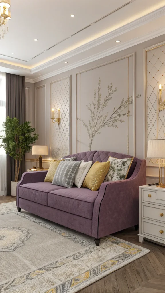 A cozy purple sofa adorned with grey and gold throw pillows, showcasing a stylish bedroom setting.