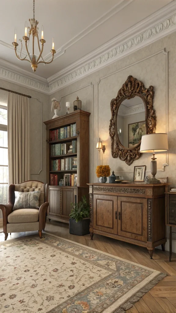 A cozy living room featuring antique accents like a vintage mirror, classic bookshelves, and decorative items.