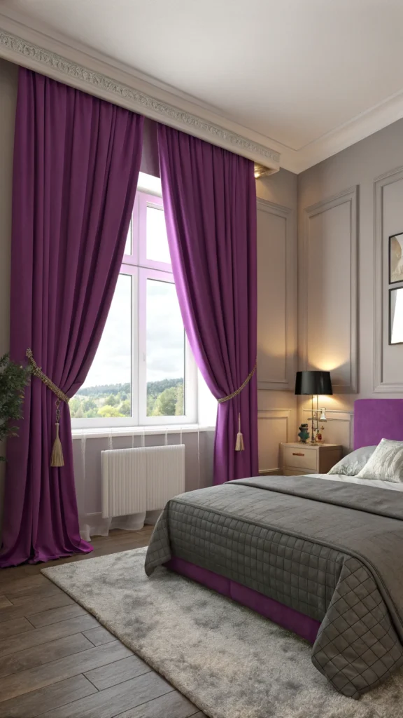 A bedroom featuring vibrant purple curtains that beautifully frame a window, complemented by a grey bedspread and soft lighting.