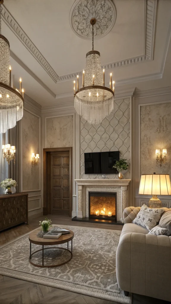 A cozy living room featuring a statement fireplace, elegant chandelier, and stylish decor.