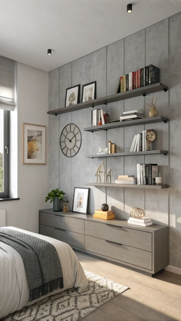 Modern grey wall shelves displaying books, a clock, and decorative items in a stylish bedroom setting.