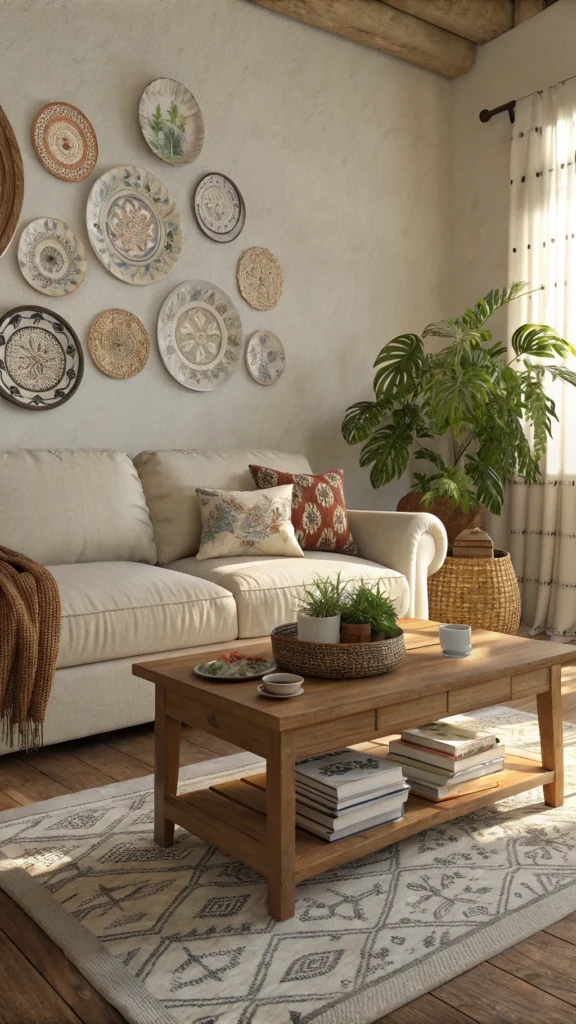 A cozy living room featuring a neutral sofa, decorative wall plates, and a wooden coffee table with a plant and books.