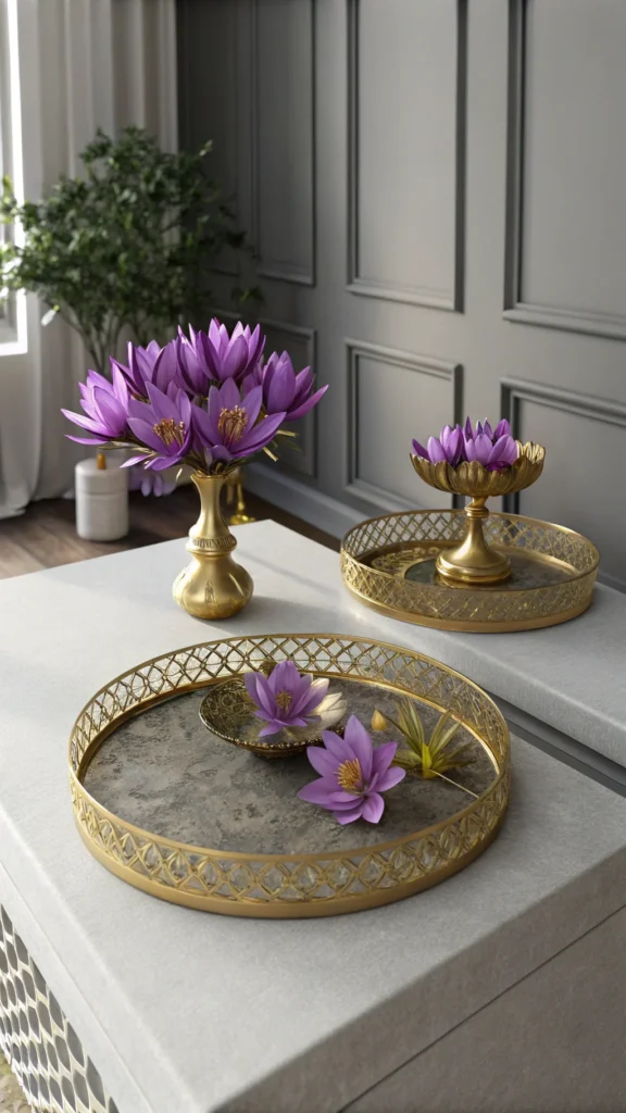 Two gold decorative trays with purple flowers on a grey surface