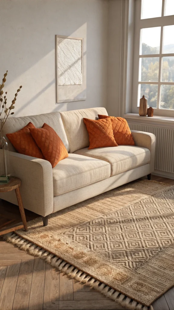 A cozy living room with a light-colored sofa, orange throw pillows, and a textured rug.