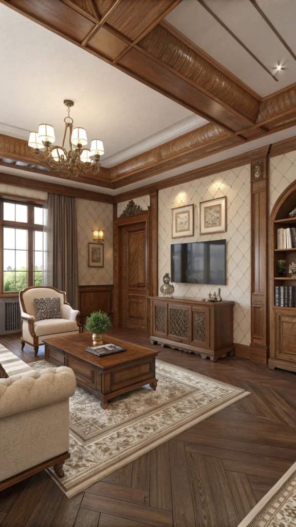 A cozy living room featuring rich wood finishes and classic furniture.