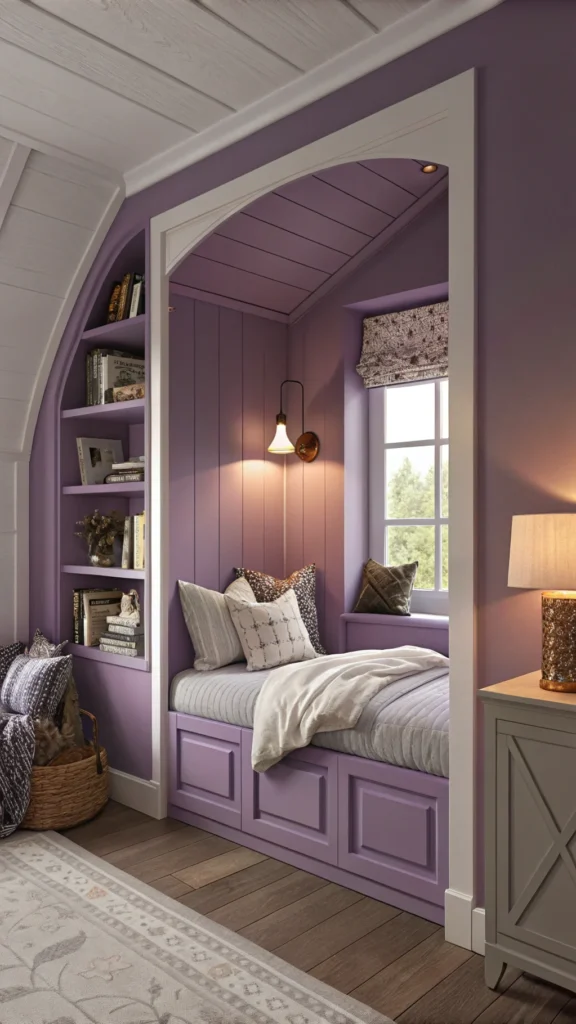 A cozy purple reading nook with a bed, pillows, and a side table.