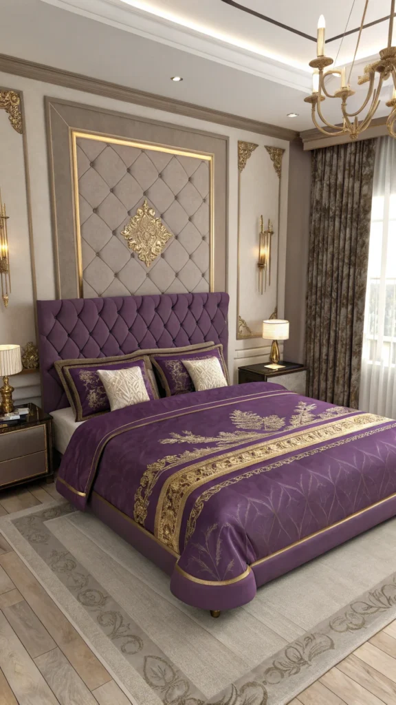 Luxurious purple bedding with gold accents