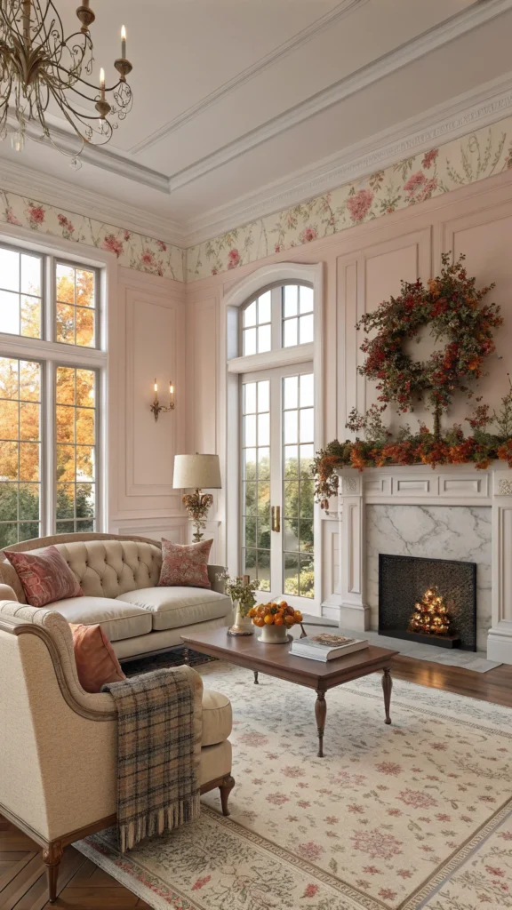 A stylish living room featuring colonial modern and English-inspired decor with seasonal decorations.