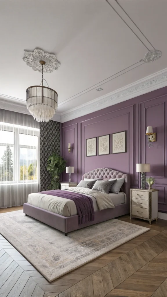 A stylish bedroom featuring purple walls, grey light fixtures, and elegant decor.