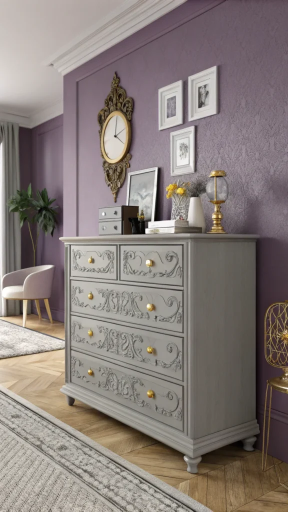 A grey dresser adorned with various gold accessories against a purple wall.