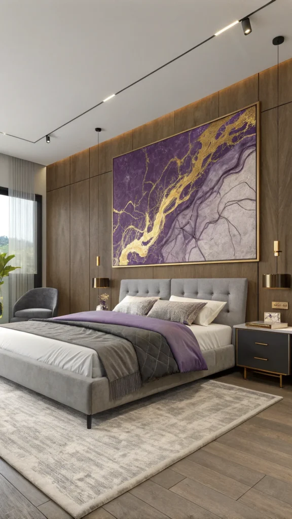 A stylish bedroom featuring a large purple and gold artwork above a modern grey bed.