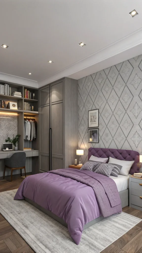 A bedroom featuring a grey accent wall and purple bedding.