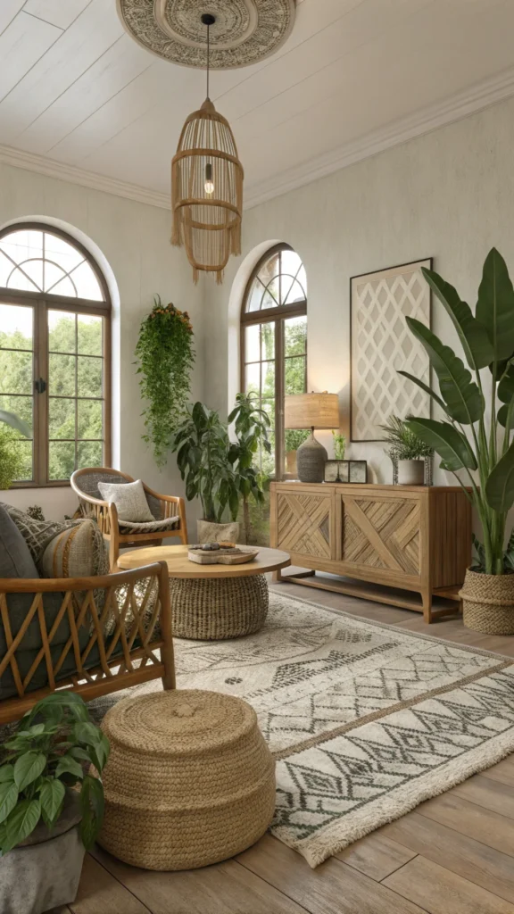 A boho-style living room featuring natural textures, earthy tones, and lush greenery.