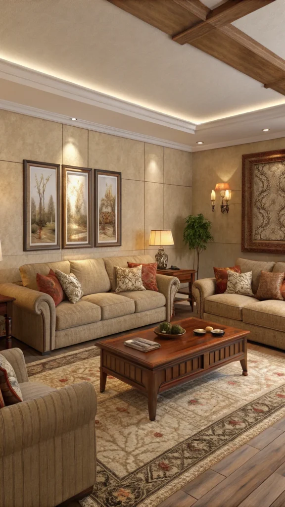 A cozy living room with comfortable seating and warm color tones.