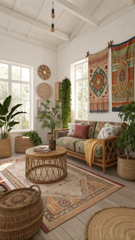 A cozy boho sitting room featuring sustainable furniture with natural light and plants.