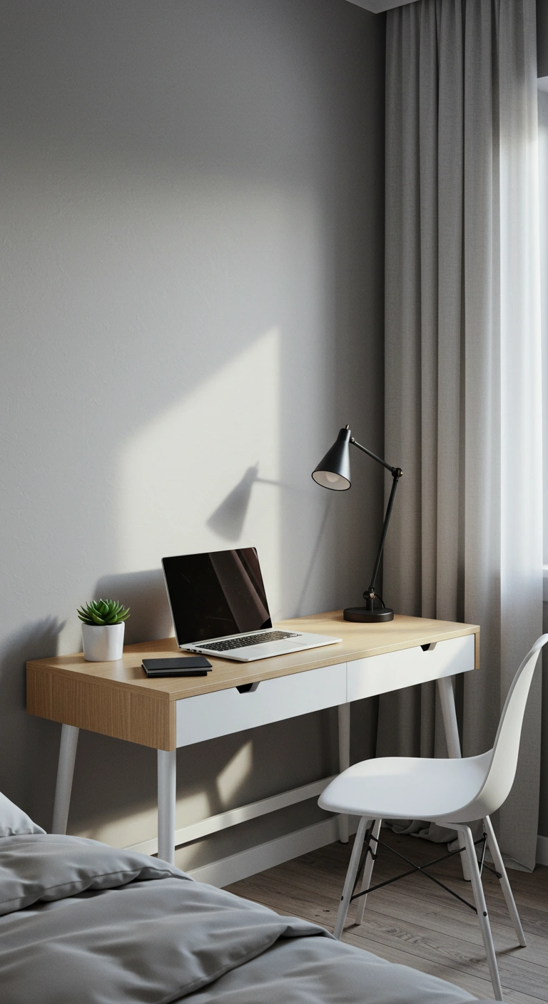 minimalist bedroom desk area